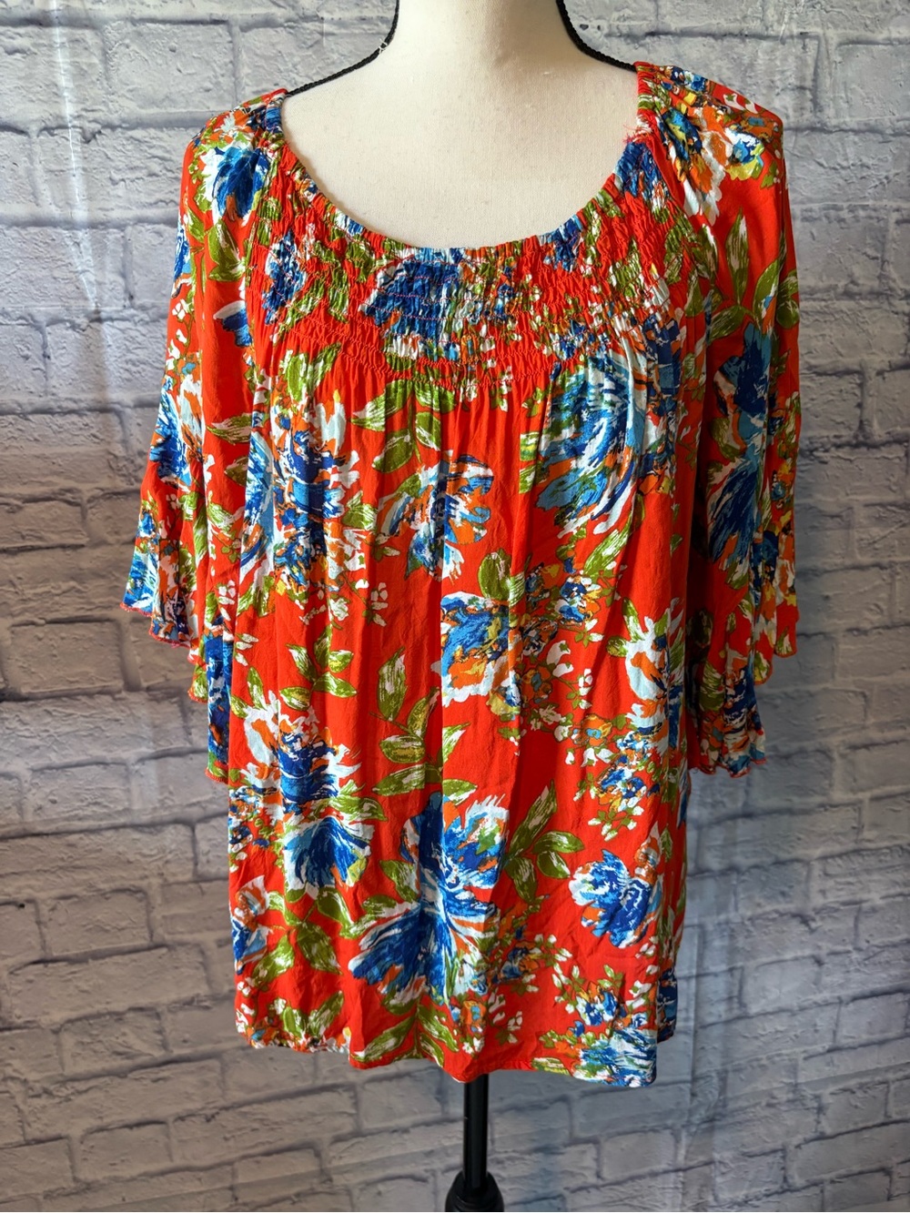 Cato Orange Floral Smocked Neck Blouse